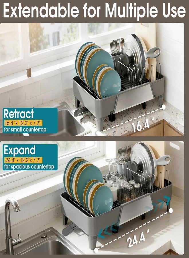 FOXHIVE Large Expandable Dish Drying Rack, Dish Racks for Kitchen Counter, Space Saving & Rust Resistant Dish Drainer with Removable Drainboard & Utensil Holder, Adjustable Length 16.4 to 24.4 Inches - Image 5