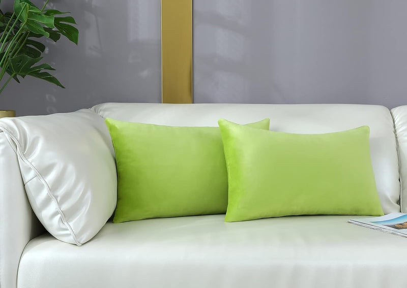 mixeoo Comfy Lime Green Throw Pillow Covers Decorative Lumbar Solid Rectangle Thick Velvet Super Soft Cushion Cases Home Decor for Sofa Couch Living Room Chair, Set of 2, 12 x 20 Inch - Image 1