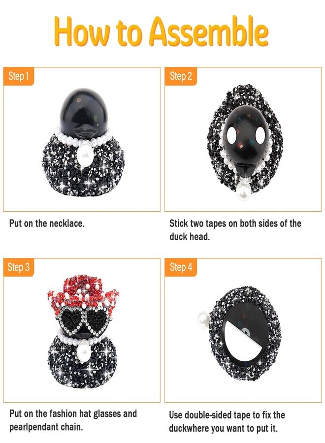 wonuu Diamond Rubber Duck Car Ornaments Duck Car Dashboard Decorations for Cool car Accessories with, Black&Silver - Image 2