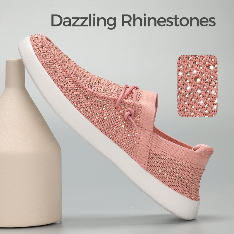 BELOS Women's Rhinestone Lace Up Loafers Shoes Comfortable Slip On Mesh Knit Walking Shoes Fashion Lightweight Sparkly Glitter Sneaker(Pink,8.5 - Image 2