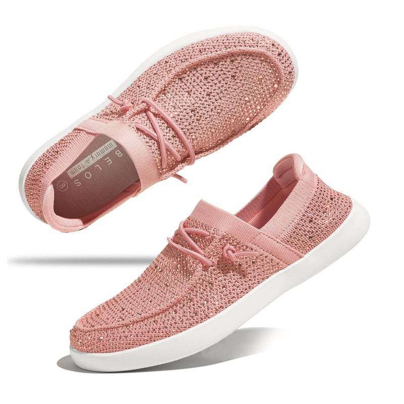 BELOS Women's Rhinestone Lace Up Loafers Shoes Comfortable Slip On Mesh Knit Walking Shoes Fashion Lightweight Sparkly Glitter Sneaker(Pink,8.5 - Image 1