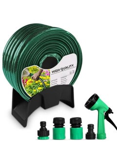 Flexible 10m garden hose with accessories including a hose adapter with threaded coupling and an adjustable sprayer head, suitable for domestic and professional use