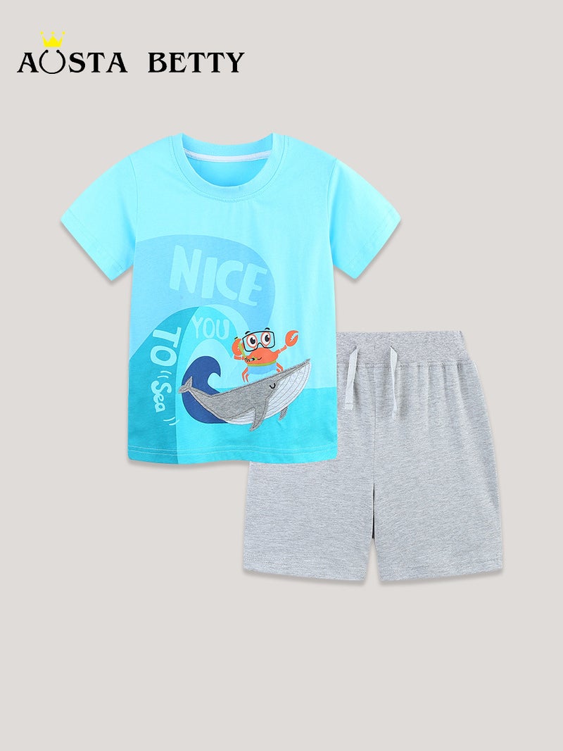 Source Of Style Children'S Suit Cartoon Shark Boy Suit Knitted Cotton Children'S Clothing 2-Piece Set - Image 2