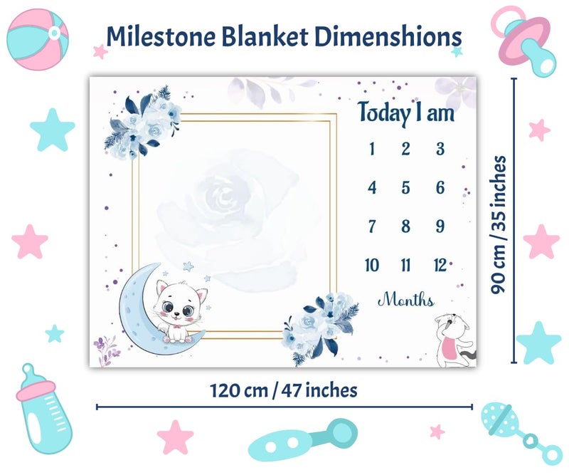 Hoolloomooloo Hoolloomooloo Baby Monthly Milestone Blanket | Cute Kitty & Moon Design | 1-12 Months | Soft Blanket | Includes Golden Ring & 15 Milestone Cards | Growth Tracker & Photoshoot Prop | 120x90 cm  - Image 3