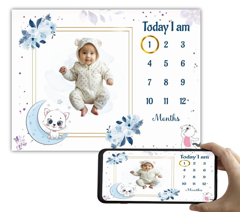 Hoolloomooloo Hoolloomooloo Baby Monthly Milestone Blanket | Cute Kitty & Moon Design | 1-12 Months | Soft Blanket | Includes Golden Ring & 15 Milestone Cards | Growth Tracker & Photoshoot Prop | 120x90 cm  - Image 1