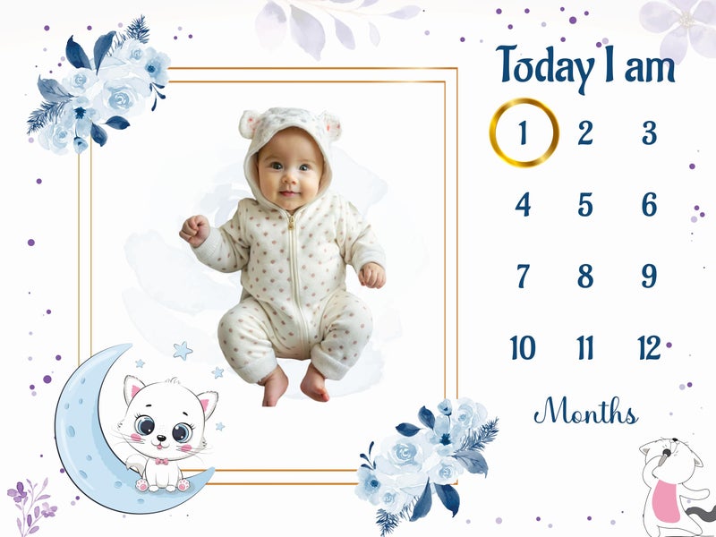 Hoolloomooloo Hoolloomooloo Baby Monthly Milestone Blanket | Cute Kitty & Moon Design | 1-12 Months | Soft Blanket | Includes Golden Ring & 15 Milestone Cards | Growth Tracker & Photoshoot Prop | 120x90 cm  - Image 2
