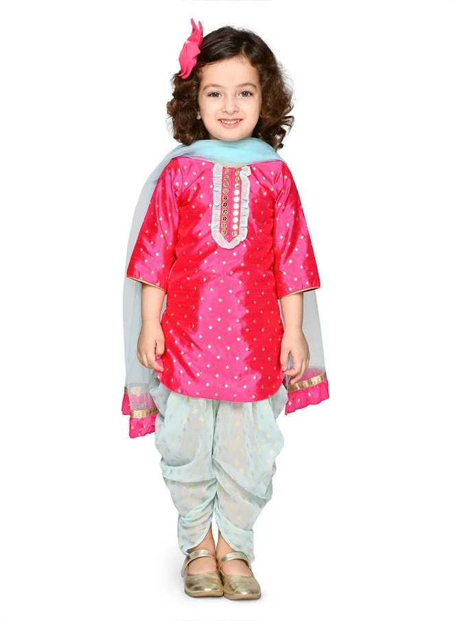 Saka Designs Girls Pink Embroidered Kurta with Dhoti Pants