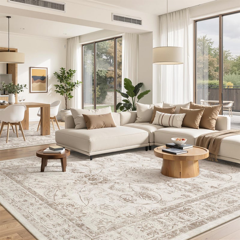 Madane 8x10 Area Rugs for Living Room, Machine Washable Vintage Rug with Non-Slip Backing, Soft Floral Print Large Throw Rugs, Thin Carpet for Bedroom Dining Room Farmhouse (8 x 10, Brown/Ivory) - Image 1