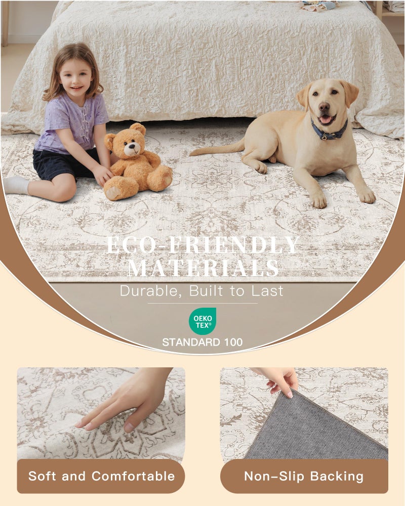 Madane 8x10 Area Rugs for Living Room, Machine Washable Vintage Rug with Non-Slip Backing, Soft Floral Print Large Throw Rugs, Thin Carpet for Bedroom Dining Room Farmhouse (8 x 10, Brown/Ivory) - Image 5