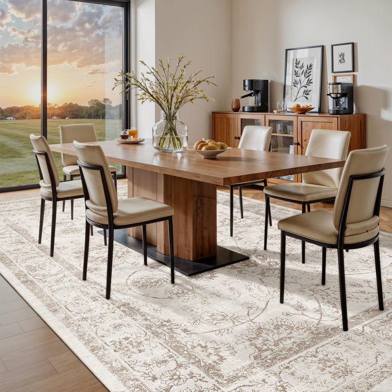 Madane 8x10 Area Rugs for Living Room, Machine Washable Vintage Rug with Non-Slip Backing, Soft Floral Print Large Throw Rugs, Thin Carpet for Bedroom Dining Room Farmhouse (8 x 10, Brown/Ivory) - Image 3