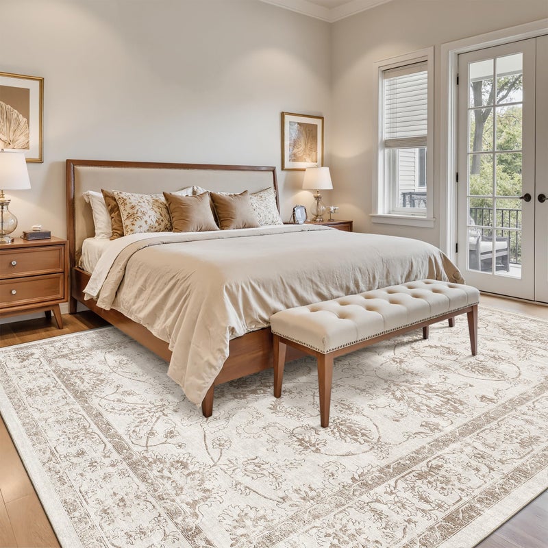 Madane 8x10 Area Rugs for Living Room, Machine Washable Vintage Rug with Non-Slip Backing, Soft Floral Print Large Throw Rugs, Thin Carpet for Bedroom Dining Room Farmhouse (8 x 10, Brown/Ivory) - Image 2