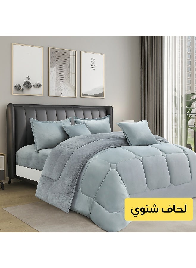 مينج لي مفرش شتوي نفرين وجهين (مخمل × فرو) – طقم مفارش 6 قطع (1 لحاف + 1 شرشف مطاطي + 2 أكياس مخدة 80×50 سم + 2 أغطية مخدة ديكورية 50×50 سم) يناسب سرير مقاس 200×200 سم - Image 1