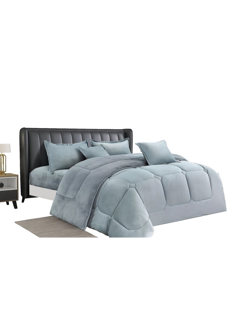 مينج لي مفرش شتوي نفرين وجهين (مخمل × فرو) – طقم مفارش 6 قطع (1 لحاف + 1 شرشف مطاطي + 2 أكياس مخدة 80×50 سم + 2 أغطية مخدة ديكورية 50×50 سم) يناسب سرير مقاس 200×200 سم - Image 3