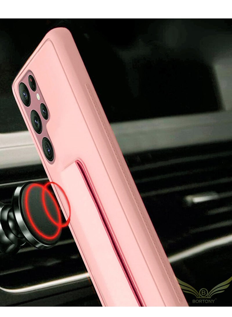 BORTONY Magnetic Stand & Holder, Premium Silicone Hand Strap Grip, Car Mount Kickstand And Finger Grip Case Cover For Samsung Galaxy S22 Ultra (Pink) - Image 3