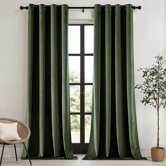 OLIVE GREEN VELVET CURTAINS 84 INCH LENGTH 2 PANELS SET ROOM DARKENING LUXURY GROMMET THERMAL INSULATED DRAPES WINDOW CURTAINS FOR LIVING ROOM W52 X L84