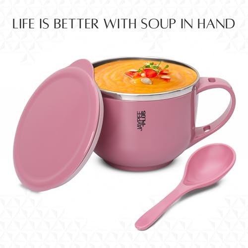 Jaypee Plus Stainless Steel Soup Bowl with Lid & Spoon Holder Souptok, Maggi Bowl Noodles Pasta Bowl, Best Diwali Gift, Mug for Kids, Girls, Boys, Birthday, Pink - Image 3