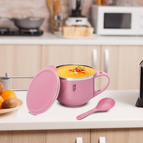 Jaypee Plus Stainless Steel Soup Bowl with Lid & Spoon Holder Souptok, Maggi Bowl Noodles Pasta Bowl, Best Diwali Gift, Mug for Kids, Girls, Boys, Birthday, Pink - Image 2