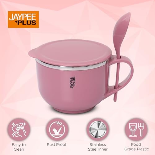 Jaypee Plus Stainless Steel Soup Bowl with Lid & Spoon Holder Souptok, Maggi Bowl Noodles Pasta Bowl, Best Diwali Gift, Mug for Kids, Girls, Boys, Birthday, Pink - Image 5