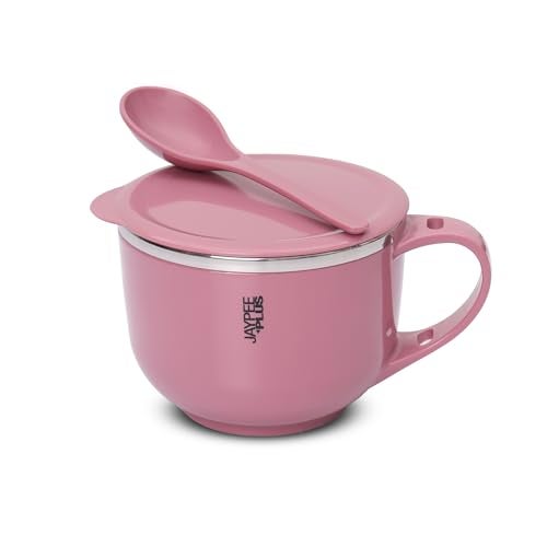 Jaypee Plus Stainless Steel Soup Bowl with Lid & Spoon Holder Souptok, Maggi Bowl Noodles Pasta Bowl, Best Diwali Gift, Mug for Kids, Girls, Boys, Birthday, Pink - Image 1