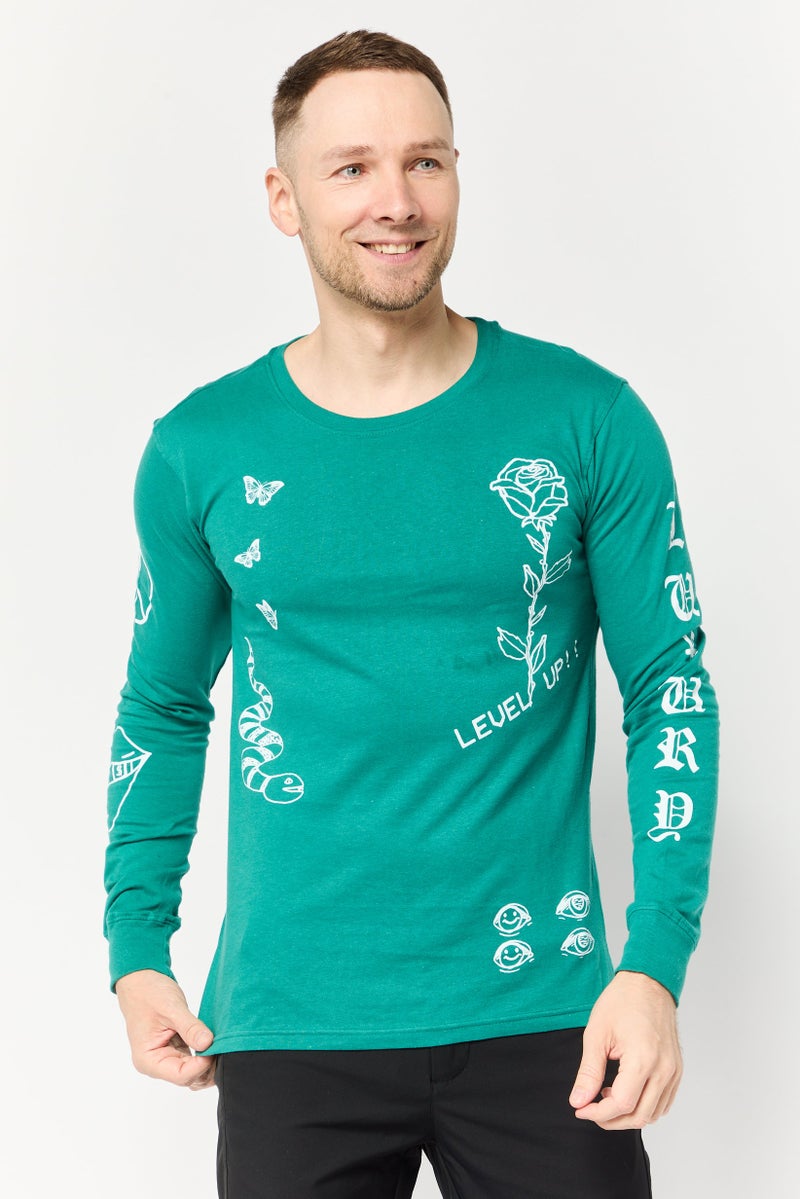 brooklyn Men Crew Neck Long Sleeve Graphic Print T-shirt, Green - Image 1