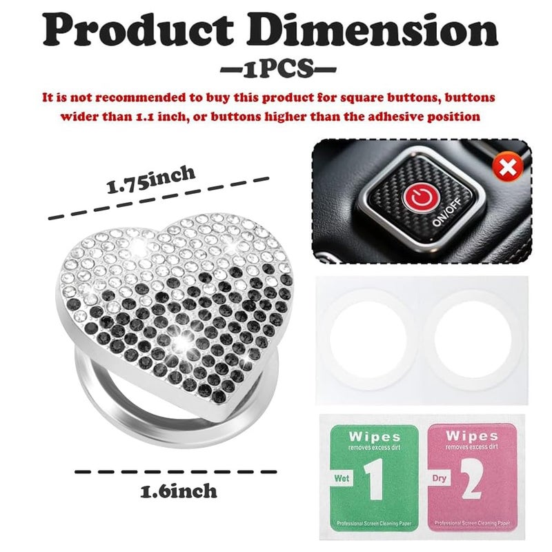 IHOTDER Bling Push Start Button Cover with Rhinestone,Heart Push to Start Button Cover for Car Decor,Diamond Engine Start Buttons Cover Car Accessories Interior for Women & Girl (Black/White) - Image 2