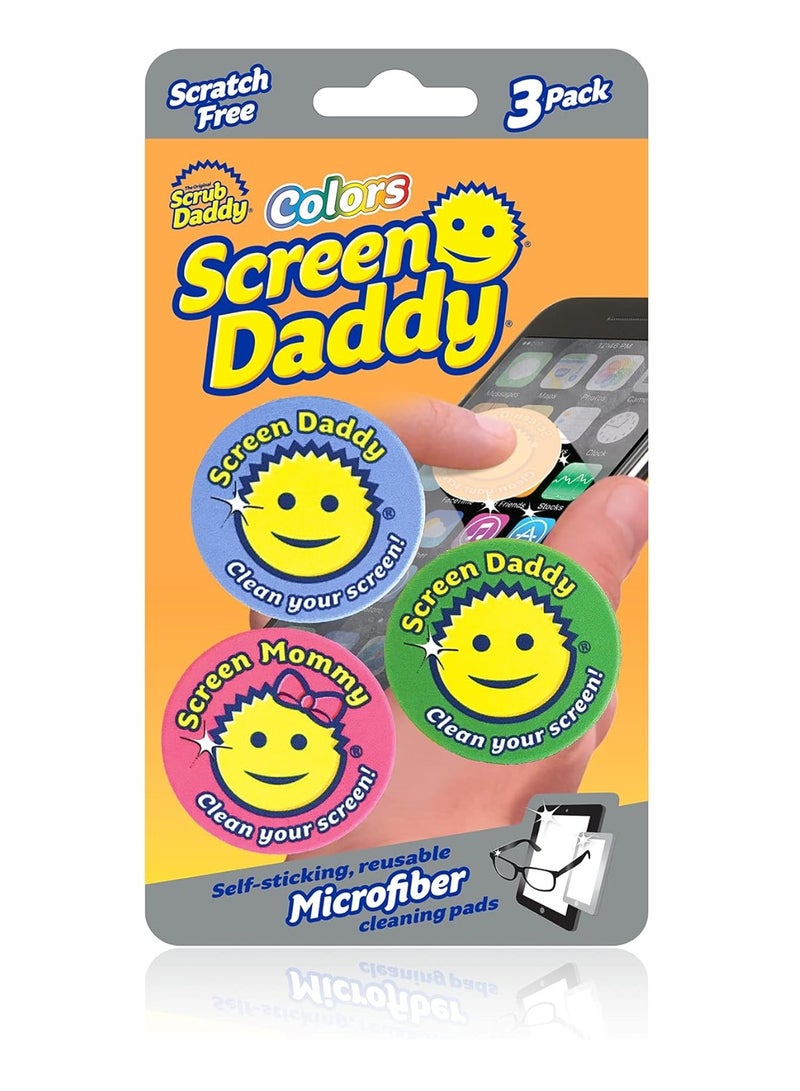 Scrub Daddy سكراب دادي سكرين دادي ألوان - متعدد الألوان، وسادات تنظيف ميكروفايبر متعددة الاستخدامات لشاشات إلكترونية مع تخزين مريح، خالية من الخدوش، خالية من الخطوط، قابلة لإعادة الاستخدام والغسل، 3 قطع (1 عبوة) - Image 1