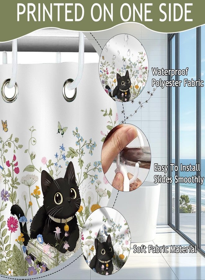 Mocsicka Floral Shower Curtain for Bathroom, Cute Funny Cat Shower Curtain with 12 Hooks Boho Flowers Garden Bath Curtain for Boho Floral Bathroom Decor, 72 X 72 Inch Waterproof Fabric - Image 3