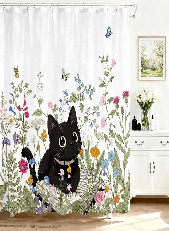 Mocsicka Floral Shower Curtain for Bathroom, Cute Funny Cat Shower Curtain with 12 Hooks Boho Flowers Garden Bath Curtain for Boho Floral Bathroom Decor, 72 X 72 Inch Waterproof Fabric - Image 1