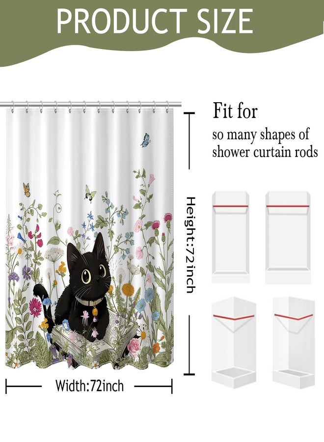Mocsicka Floral Shower Curtain for Bathroom, Cute Funny Cat Shower Curtain with 12 Hooks Boho Flowers Garden Bath Curtain for Boho Floral Bathroom Decor, 72 X 72 Inch Waterproof Fabric - Image 2