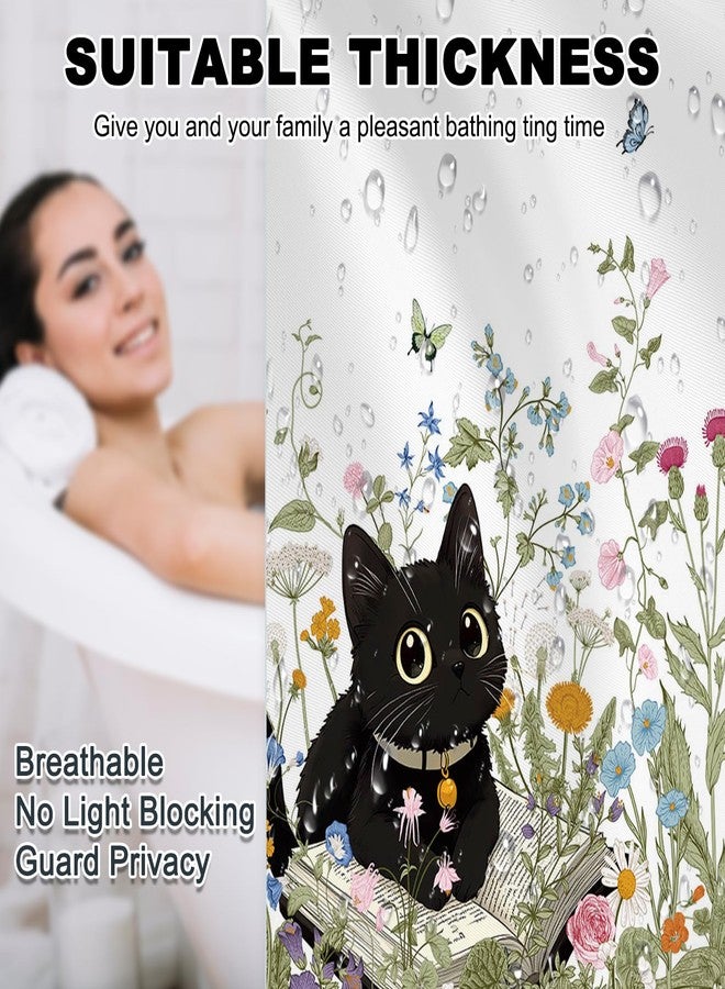 Mocsicka Floral Shower Curtain for Bathroom, Cute Funny Cat Shower Curtain with 12 Hooks Boho Flowers Garden Bath Curtain for Boho Floral Bathroom Decor, 72 X 72 Inch Waterproof Fabric - Image 4