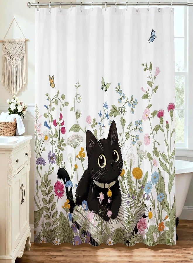Mocsicka Floral Shower Curtain for Bathroom, Cute Funny Cat Shower Curtain with 12 Hooks Boho Flowers Garden Bath Curtain for Boho Floral Bathroom Decor, 72 X 72 Inch Waterproof Fabric - Image 5