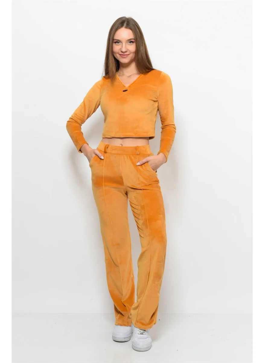 Nuseel Women's Soft Velvet Trousers-Blouse Bottom Top Two Piece Set Mustard