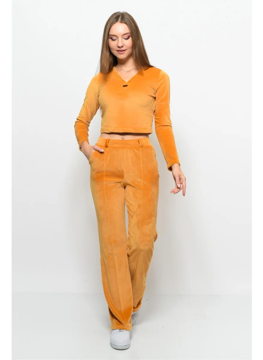 Nuseel Women's Soft Velvet Trousers-Blouse Bottom Top Two Piece Set Mustard