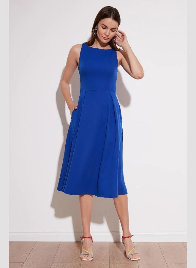 ليلا Lela Regular Fit Crew Neck Pocketed Pleated Midi Length Evening Dress Women's Dress 6111963