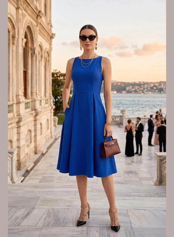 ليلا Lela Regular Fit Crew Neck Pocketed Pleated Midi Length Evening Dress Women's Dress 6111963