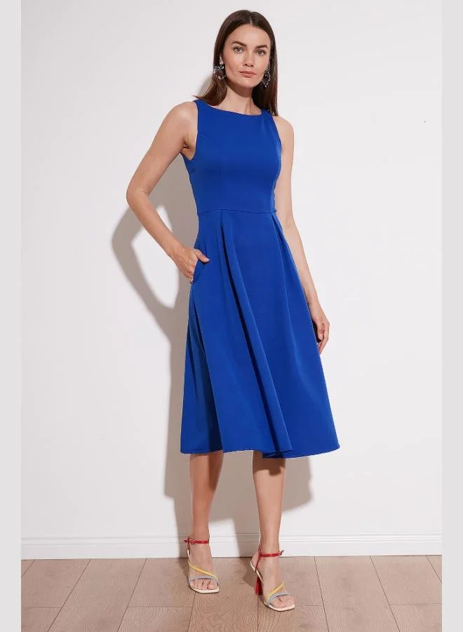 Lela  Lela Regular Fit Crew Neck Pocketed Pleated Midi Length Evening Dress Women's Dress 6111963 for Women | Best Price UAE