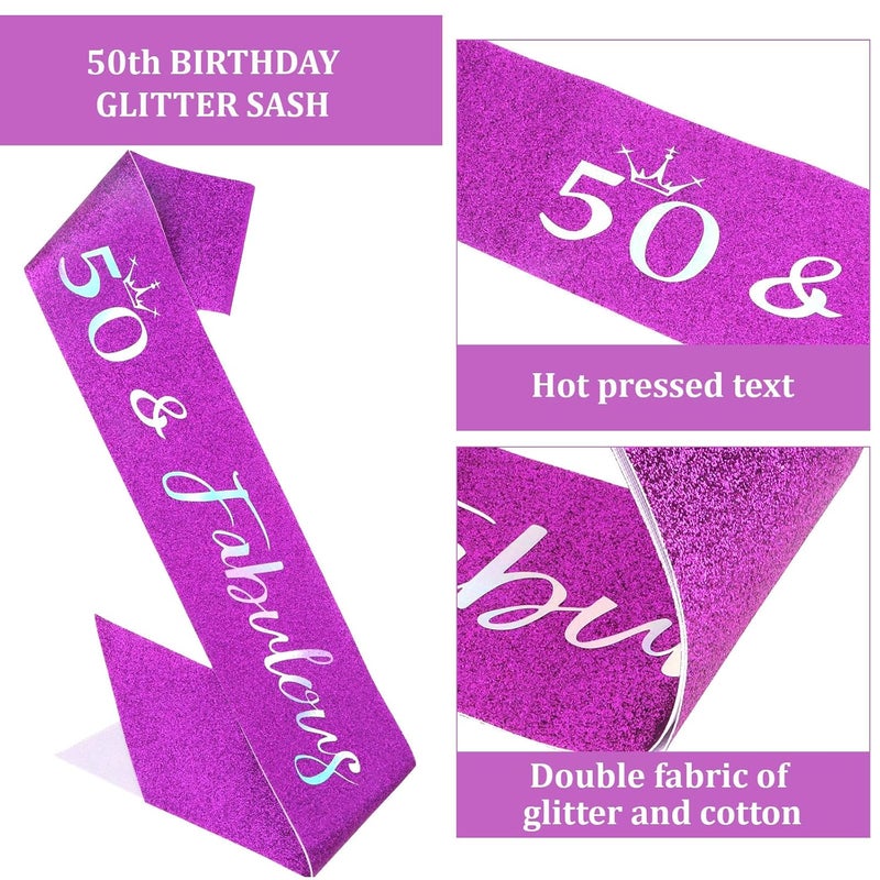 Semato 50 & Fabulous Birthday Tiara and Sash Kit - 50th Birthday Gifts for Women (purple) - Image 3