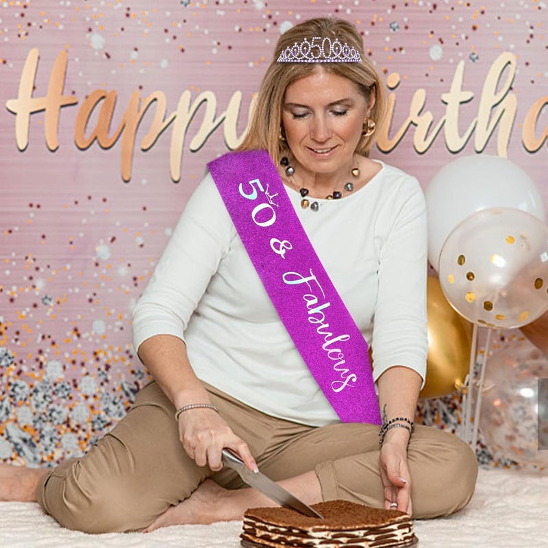 Semato 50 & Fabulous Birthday Tiara and Sash Kit - 50th Birthday Gifts for Women (purple) - Image 5