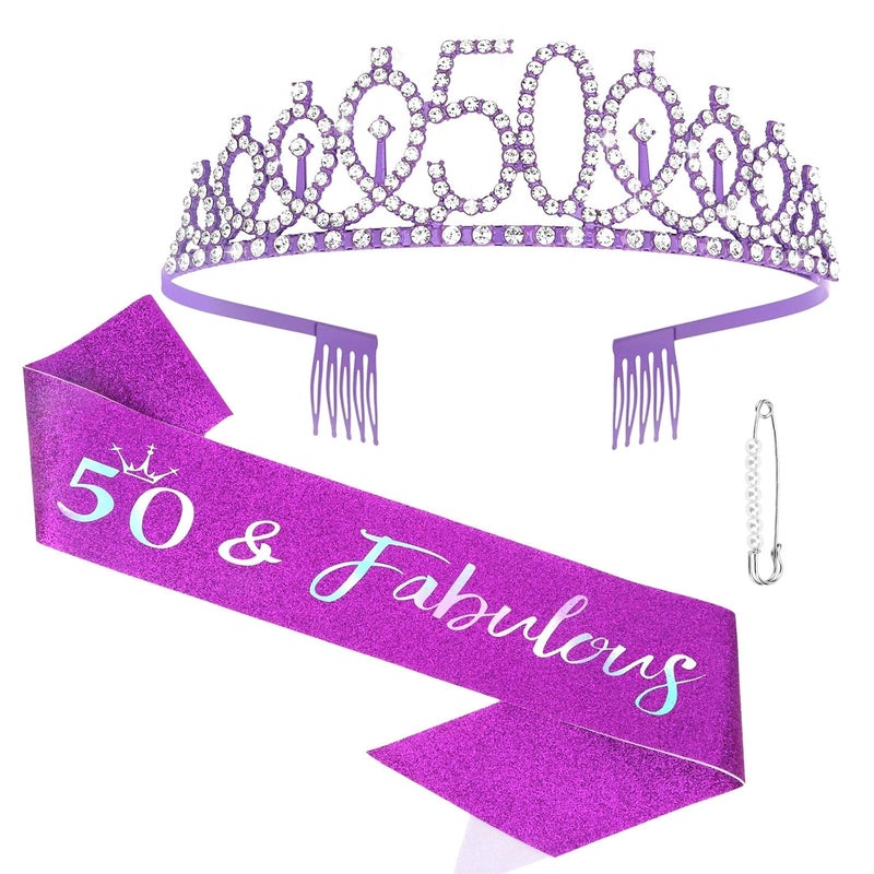 Semato 50 & Fabulous Birthday Tiara and Sash Kit - 50th Birthday Gifts for Women (purple) - Image 1