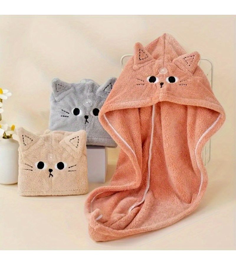 Cute Cat Pink Women Cat Ear Towel Hat With Paw Print For Wet Hair After Bath Or Swim - Image 4