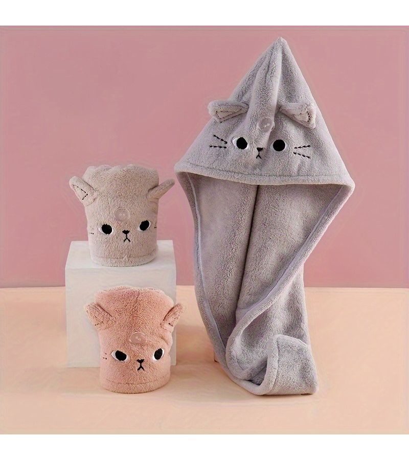 Cute Cat Pink Women Cat Ear Towel Hat With Paw Print For Wet Hair After Bath Or Swim - Image 2