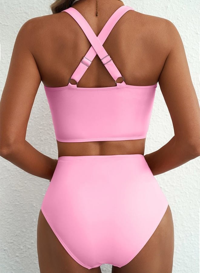 Herseas Women's 2 Piece Bikini Sets Twist Front Top Lily Print Swimsuits High Waisted Bathing Suit Beach Summer Swimwear, Pink White Floral​, XS - Image 2