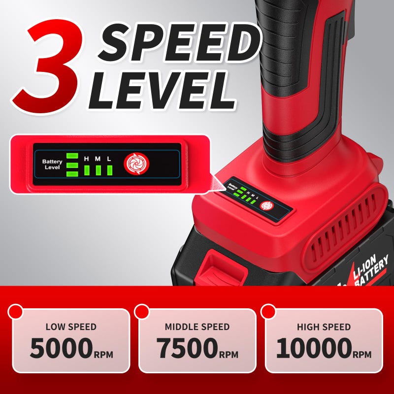 FULLYEA Cordless Angle Grinder 4-1/2 inch, 10000 RPM Brushless Angle Grinder Tool, 3 Speed Adjustment, Power Angle Grinders with 2*4.0Ah Batteries & Charger, Electric Metal Grinder Kit for Cutting, Grinding - Image 2