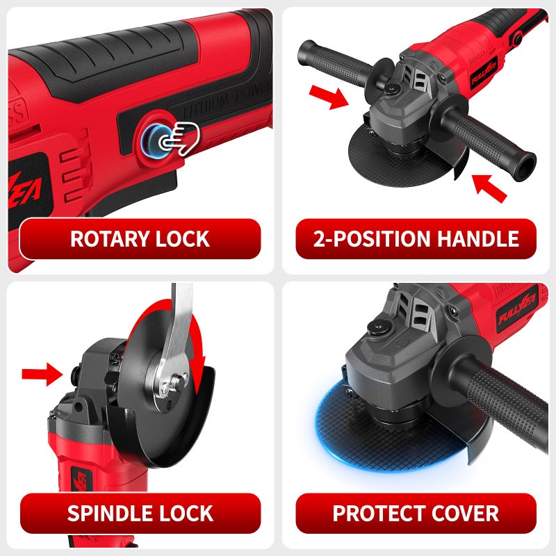 FULLYEA Cordless Angle Grinder 4-1/2 inch, 10000 RPM Brushless Angle Grinder Tool, 3 Speed Adjustment, Power Angle Grinders with 2*4.0Ah Batteries & Charger, Electric Metal Grinder Kit for Cutting, Grinding - Image 5