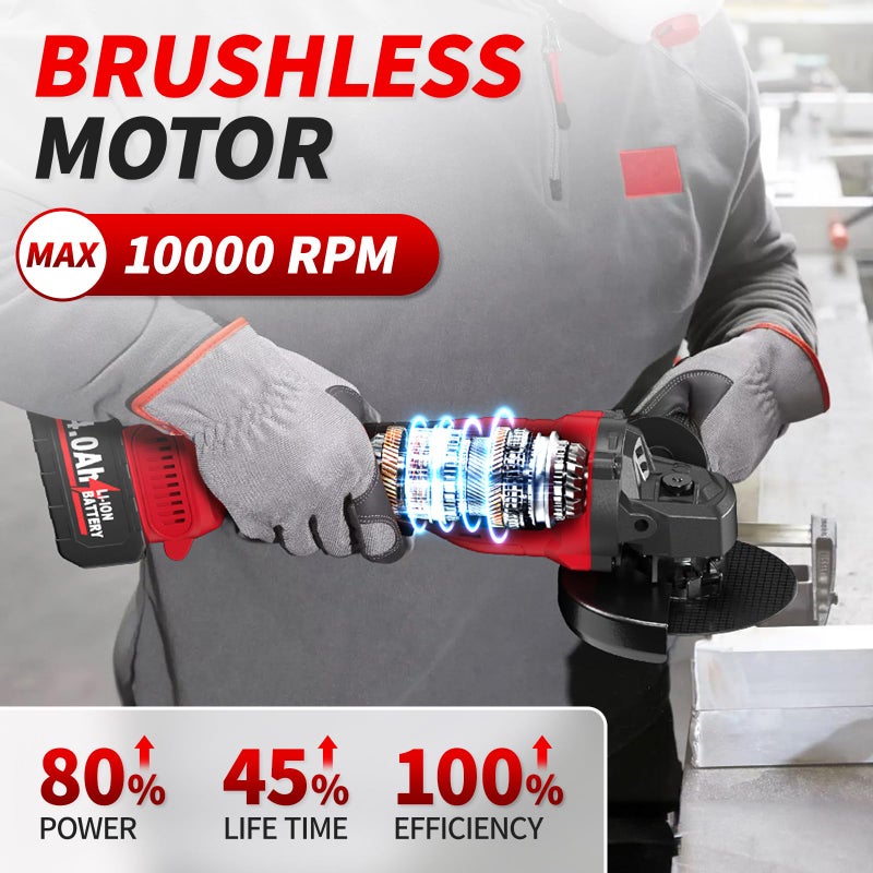 FULLYEA Cordless Angle Grinder 4-1/2 inch, 10000 RPM Brushless Angle Grinder Tool, 3 Speed Adjustment, Power Angle Grinders with 2*4.0Ah Batteries & Charger, Electric Metal Grinder Kit for Cutting, Grinding - Image 3