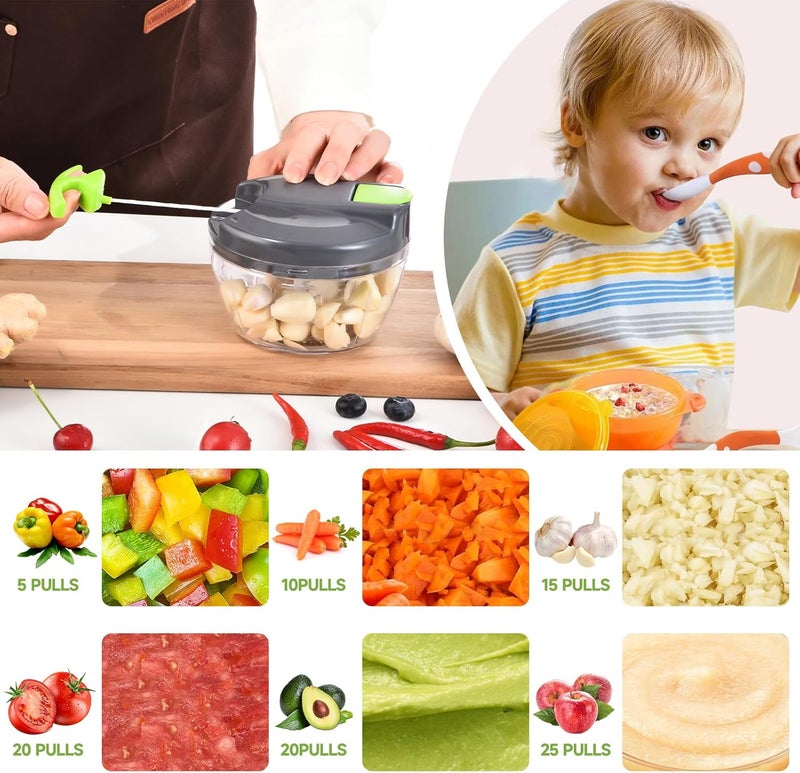 ZEAYEA Manual Food Processor Vegetable Chopper, Portable Hand Pull String Garlic Mincer Onion Cutter for Veggies, Ginger, Fruits, Nuts, Herbs, etc., 500ml,（Gray-green） - Image 3