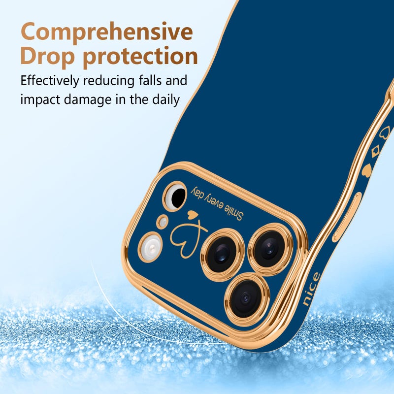 LCHULLE for iPhone 17 Pro Max Case for Women Girls, Cute Wave Frame Curly Shape with Love Heart Raised Camera Protection Cover Luxury Plating Shockproof Phone Case for iPhone 17 Pro Max, Navy Blue - Image 3