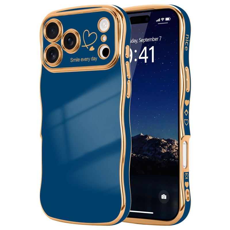 LCHULLE for iPhone 17 Pro Max Case for Women Girls, Cute Wave Frame Curly Shape with Love Heart Raised Camera Protection Cover Luxury Plating Shockproof Phone Case for iPhone 17 Pro Max, Navy Blue - Image 1