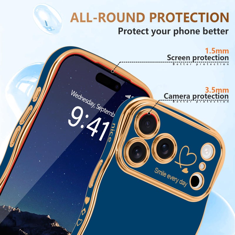 LCHULLE for iPhone 17 Pro Max Case for Women Girls, Cute Wave Frame Curly Shape with Love Heart Raised Camera Protection Cover Luxury Plating Shockproof Phone Case for iPhone 17 Pro Max, Navy Blue - Image 4