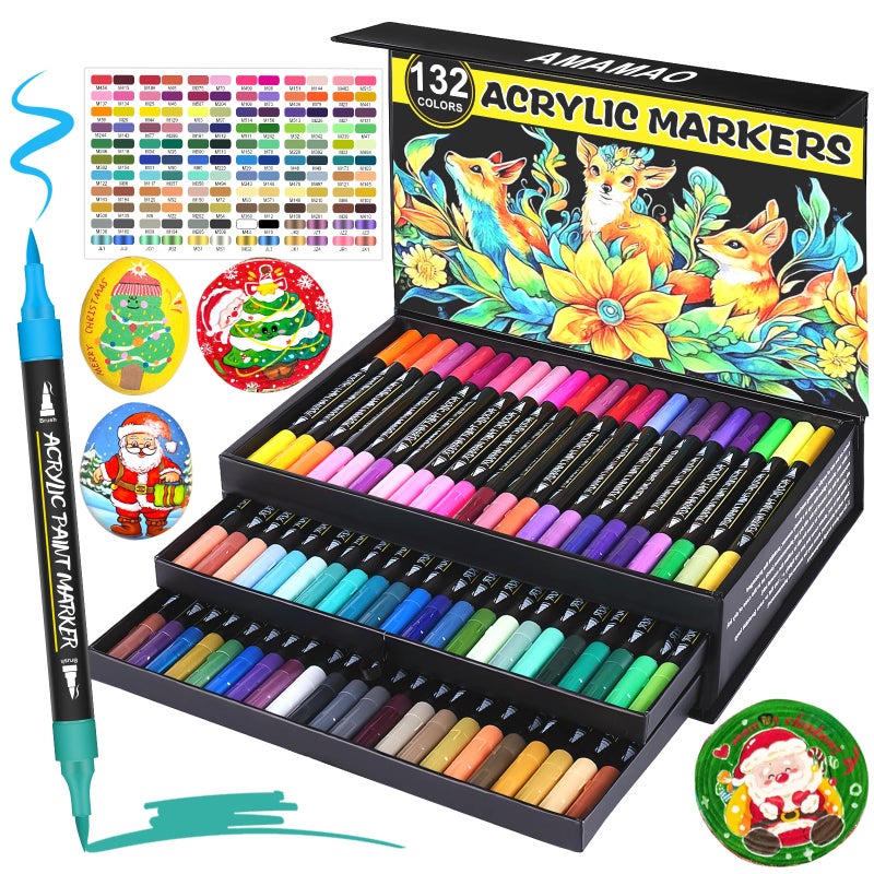 Amamao 132 Colors Acrylic Paint Markers Pens Set,66 Pack Brush Acrylic Paint Markers for Rock Painting Fabric Plastic Wood Canvas Stone Glass Paper Craft Supplies - Image 1
